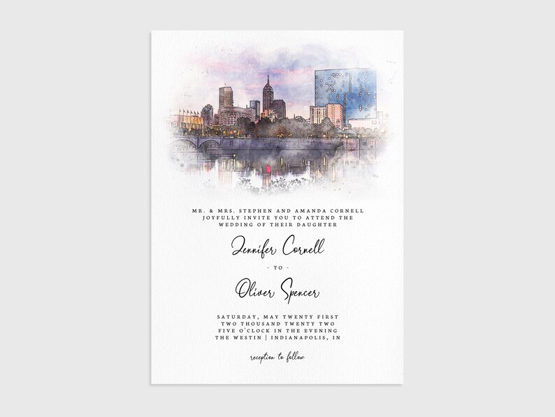 Indianapolis Watercolor Wedding Invitation, Editable Downtown City Skyline Printable Invite Template, Indiana Wedding Invitation Download image 1