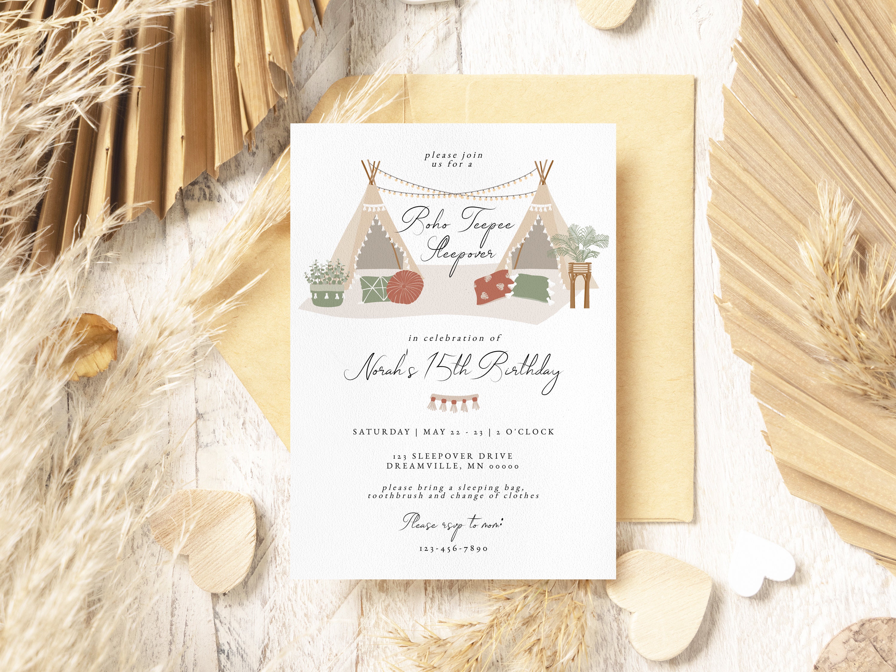 Editable Boho Teepee Birthday Invitation Printable Sleepover - Etsy