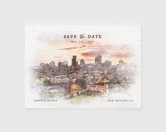 New Orleans Watercolor Wedding Save the Date, Editable City Skyline Save the Date Template, Louisiana Printable Save the Date Postcard