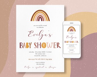Boho Rainbow Baby Shower Invitation, Editable Rainbow Instant Download Printable Template, DIY Gender Neutral Bohemian Shower Invitation