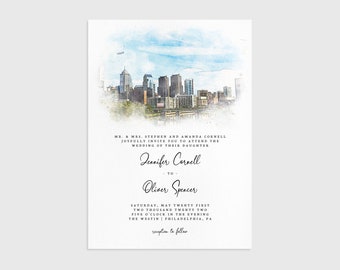 Philadelphia Watercolor Wedding Invitation, Editable Downtown City Skyline Printable Wedding Invite Template, Pennsylvania Wedding Invite