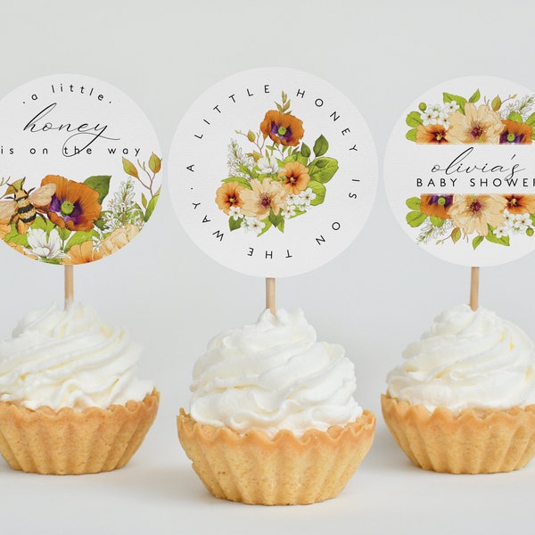 Floral Honey Bee Baby Shower Editable Cupcake Toppers, A Little Honey Is On The Way Dessert Topper, A Little Babee Cupcake Topper Download
