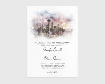 Seattle Watercolor Wedding Invitation, Editable Downtown City Skyline Printable Wedding Invite Template, Washington Destination Wedding