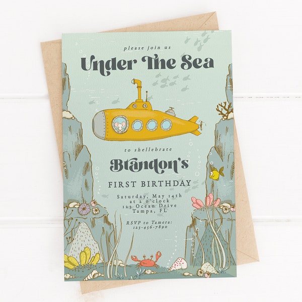 Editable Yellow Submarine Birthday Invitation, Printable Under the Sea Party Invite Template, Ocean Party Mobile Phone Instant Download