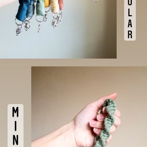May include: A set of six colorful crocheted keychains, with a smaller version of the keychain in a different color. The keychains are made of a thick, twisted cord and have a silver key ring attached. The text "REGULAR" and "MINI" are visible in the image.