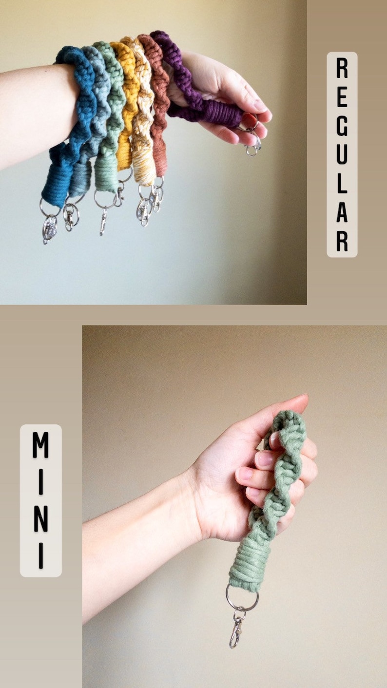 May include: A set of six colorful crocheted keychains, with a smaller version of the keychain in a different color. The keychains are made of a thick, twisted cord and have a silver key ring attached. The text "REGULAR" and "MINI" are visible in the image.
