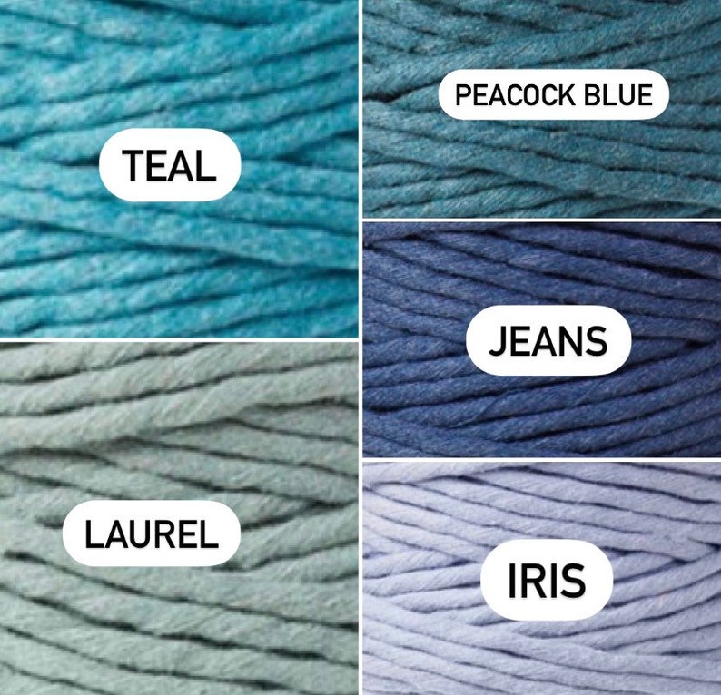 May include: Five spools of cotton cord in different shades of blue and green. The colors are Teal, Peacock Blue, Jeans, Laurel, and Iris.
