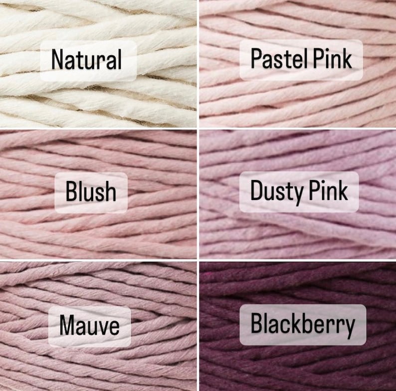 May include: Six spools of cotton cord in various shades of pink, from natural white to deep purple. The colors are labeled "Natural", "Pastel Pink", "Blush", "Dusty Pink", "Mauve", and "Blackberry".