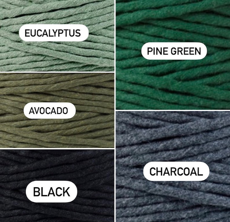 May include: Four spools of cotton cord in different colors: eucalyptus green, pine green, avocado green, and charcoal gray. The spools are labeled with the color names.