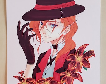 May include: A digital illustration of a man with long, orange hair wearing a black hat with a red band and a red jacket. He is holding his hat with his left hand and smiling. There are orange lilies in the background.