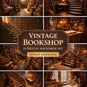 May include: A collage of images depicting a vintage bookshop interior. The scenes showcase stacks of old books, wooden bookshelves, spiral staircases, and ladders. The text "VINTAGE BOOKSHOP" and "10 DIGITAL BACKDROP SET" is visible.
