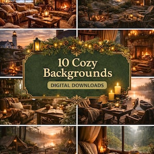 Puede incluir: Una imagen de descarga digital con diez fondos acogedores. Las imágenes muestran escenas cálidas y acogedoras con chimeneas, velas y entornos al aire libre. El texto en la imagen dice "10 Cozy Backgrounds" y "Digital Downloads".