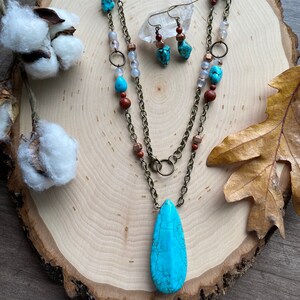 Magnesite Red Jasper and White Stripe Agate Necklace and Earring Jewelry Set, Copper Accents, Antique Bronze, Southwestern Style