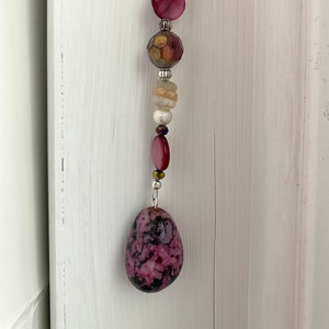 Pink Rhodonite Gemstone Car Mirror Dangle with Czech Glass, Pink Sea Shell, Sterling Silver, Car Accessory, Handmade.