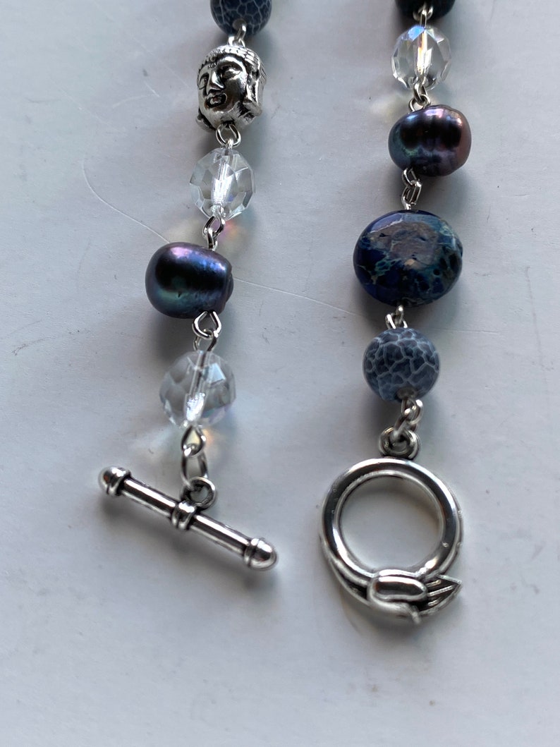 Imperial Jasper Sterling Silver Freshwater Pearl Toggle Clasp. Natural Mixed Navy Blue Gemstone Czech Glass Beaded Bracelet Buddha Head