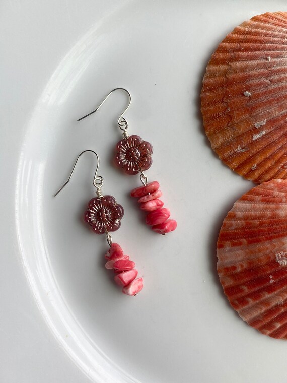Salmon Pink Coral Beaded Earrings With Czech Glass Flower, Natural