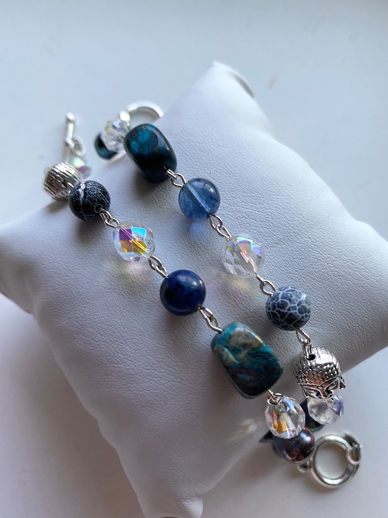 Imperial Jasper Sterling Silver Freshwater Pearl Toggle Clasp. Natural Mixed Navy Blue Gemstone Czech Glass Beaded Bracelet Buddha Head