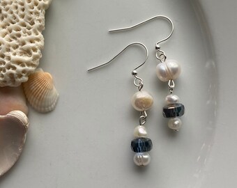 White Freshwater Pearl with Blue-Gray Czech Glass Faceted Beaded Earrings, Bridal/Wedding Jewelry, Natural Freshwater Pearl, Sterling Silver