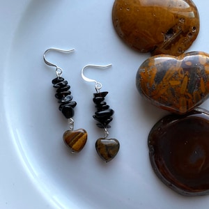 Tiger’s Eye Heart Gemstone with Obsidian Beaded Earrings, Natural Gemstone, Inspired by Earth, Boho/Hippie, Sterling Silver.
