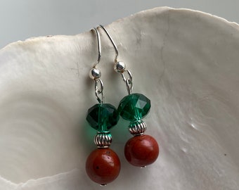 Red Jasper Pine Green Czech Glass Crystal Beaded Earrings with Sterling Silver, Natural Gemstone, Christmas, Holiday Inspired, Handmade.