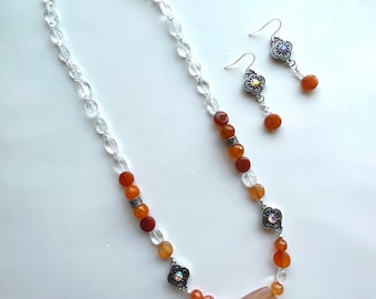 Carnelian Quartz Necklace and Earring Set, Blackened Silver Accents