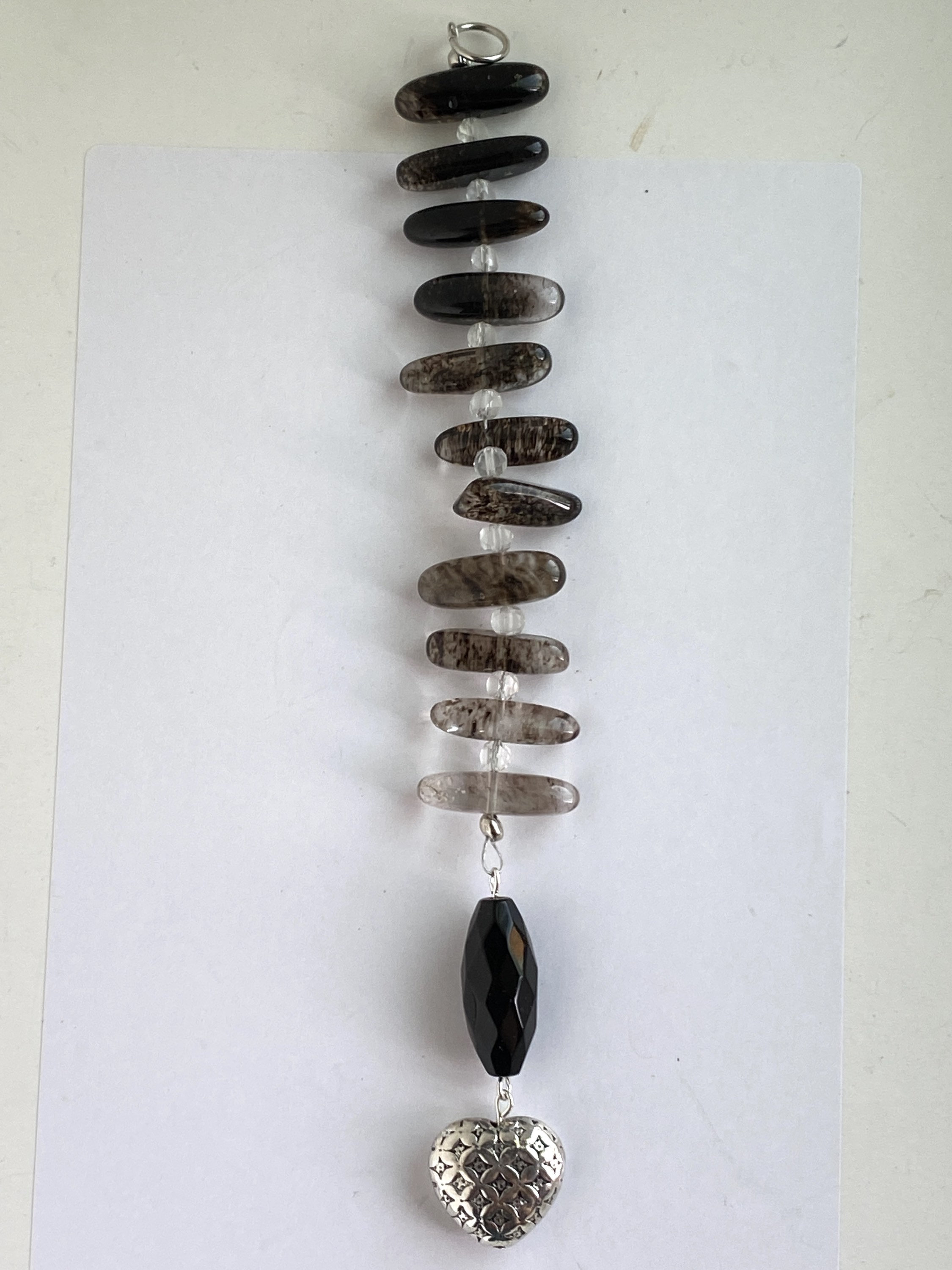 Tourmaline Black Quartz Car Mirror Dangle With Pillow Heart and