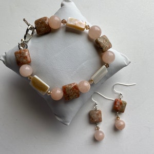 Natural Autumn Jasper Rose Quartz Bracelet and Earring Jewelry Set, Ivory Shell and Czech Glass Crystal, Natural Gemstone, Sterling Silver.