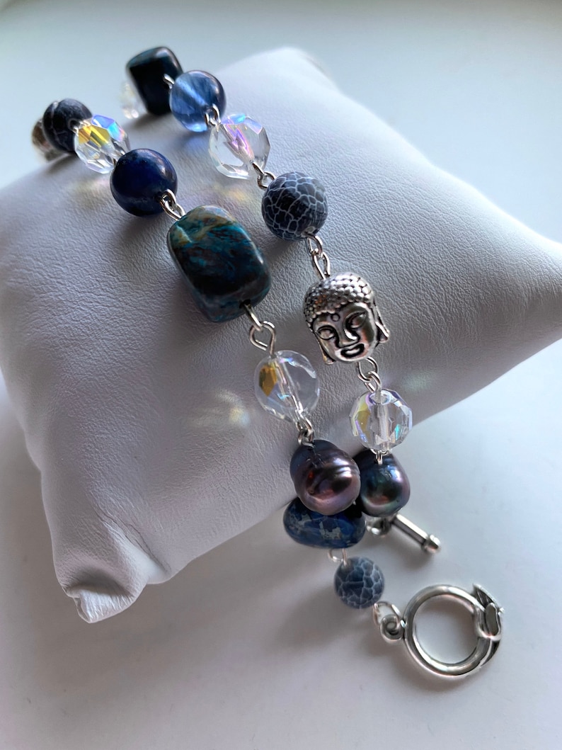 Imperial Jasper Sterling Silver Freshwater Pearl Toggle Clasp. Natural Mixed Navy Blue Gemstone Czech Glass Beaded Bracelet Buddha Head