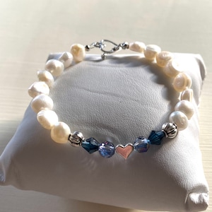 Navy Crystal Bicone and Blue Czech Glass with Cultured Freshwater Pearl-Bridal Jewelry-Sterling Silver-Heart Toggled Clasp-Pearl Bracelet