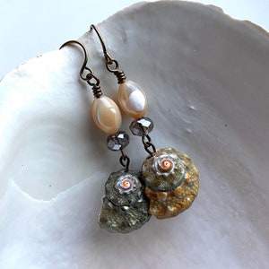 Natural Sea Snail Shell Beaded Earrings with Czech Glass and Ivory Shell, Natural Sea Snail Shell, Sea Inspired Jewelry, Handmade.