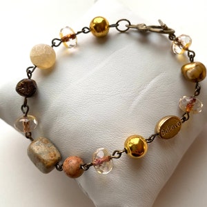 Beaded Cultured Freshwater Pearl with Champagne Czech Glass and Antique Bronze Toggled Clasp Bracelet, Yellow Crackle Agate, Handmade