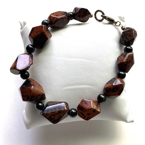 Sleek Mahogany Obsidian Bracelet with Black Agate and Lobster Claw Clasp, Natural Gemstones, Nature Inspired, Southwestern Style.
