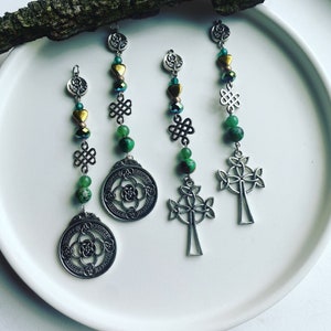 Celtic Cross Car Mirror Dangle with Green Agate and Serpentine Jasper, Hematite, Green Crystal, Irish Car Decor, Celtic Inspiration.