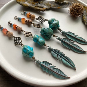 Turquoise Nugget Car Mirror Dangle with Soapstone and Patina Feather, Gemstone Car Accessories, Car Decor, Handmade.