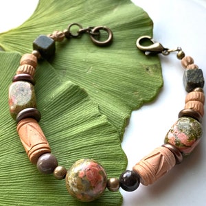 Unakite Gemstone Earthen Clay with Green Jasper Brown Agate and Antique Bronze Bracelet, Gemstone Jewelry, African Jewelry, Handmade