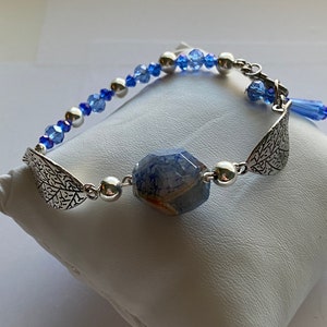 Silver Leaf with Blue Geode Nugget and Czech Glass Beaded Bracelet, Sterling Silver, Natural Geode Stone, Autumn Leaf, Artisan Jewelry.