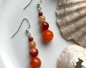 Red Orange Striped Agate Beaded Earrings with Yellow Quartz and Red Jasper, Ombre Jewelry, Natural Gemstone, Sterling Silver, Handmade.