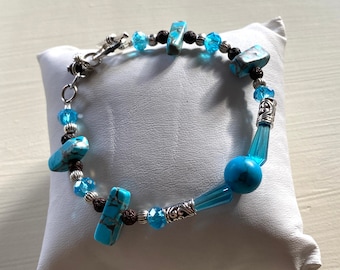 Serpentine Jasper Turquoise Czech Glass with Brown Lava Stone-Sterling Silver-Natural Gemstone-Adjustable-Toggled Heart Clasp