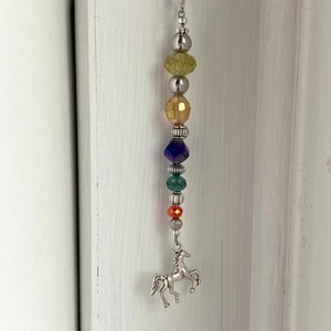 Silver Pony With Rainbow Czech Glass Beaded Car Mirror Dangle, Rearview Mirror Charm, Sterling Silver, Handmade.
