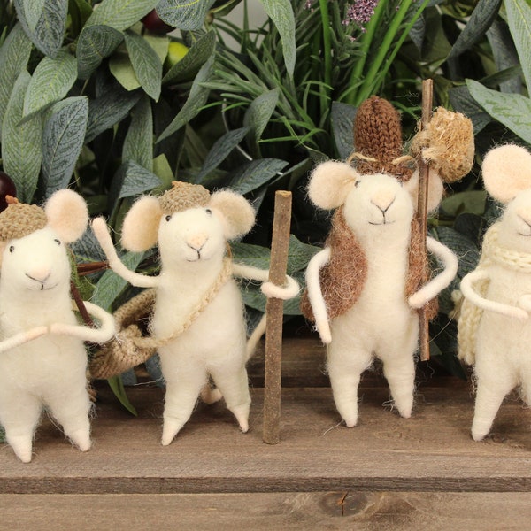 Needle felted mouse, Wool animals, Hiking Squad - Hanging Ornaments - 4pc set