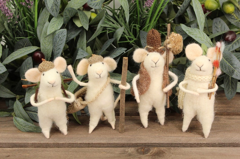 Needle felted mouse, Wool animals, Hiking Squad - Hanging Ornaments - 4pc set 