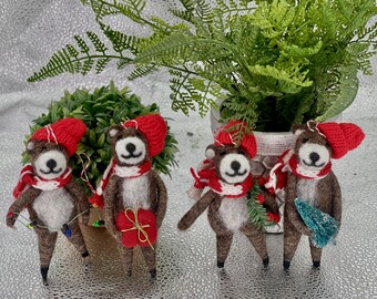 Animaux en feutre - Décorations à suspendre - Lot de 4 décorations pour sapin de Noël, oursons
