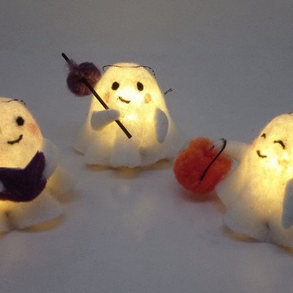 Wool felt ghost happy  halloween decorations with LED lights-3 pack