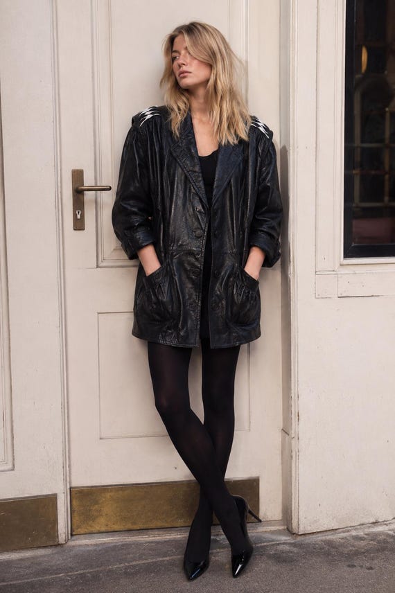 Vintage 1980s Leather Jacket | Oversized Black Leather Coat | Batwing Sleeves | Statement Collar