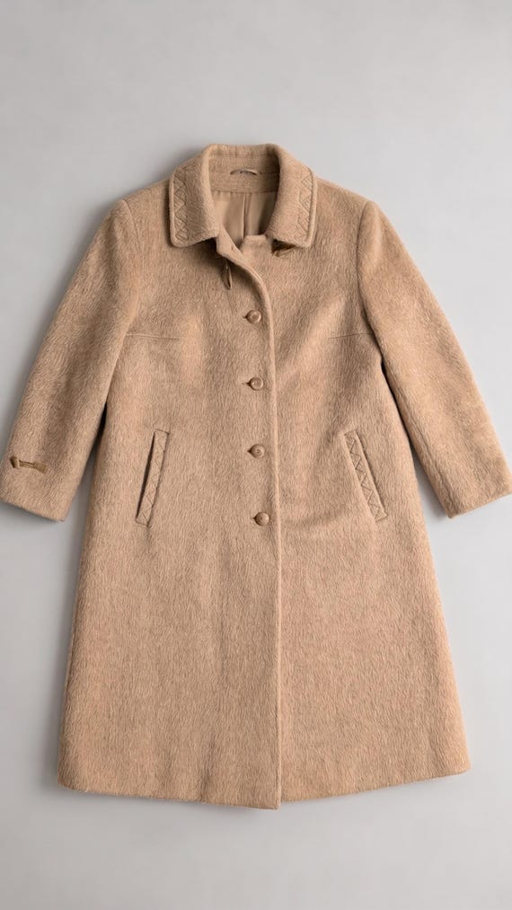 Vintage 80s Llama Wool Coat, Long Camel Beige Overcoat, Kreation Kärner, Straight Cut Winter Coat, L-XL