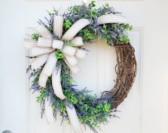 Farmhouse Lavender Wreath for Front Door, Everyday Wreath, Lavender Wreath, Rustic Farmhouse Home Decor, Mother's Day Gift.