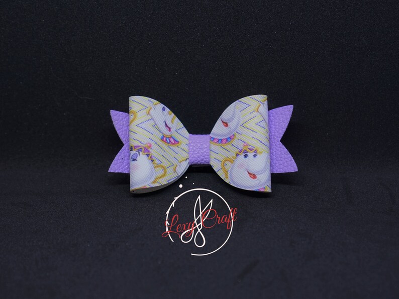 Beauty and the Beast Bow Mrs Potts Bow Print Faux Leather Hair Bow 3 14