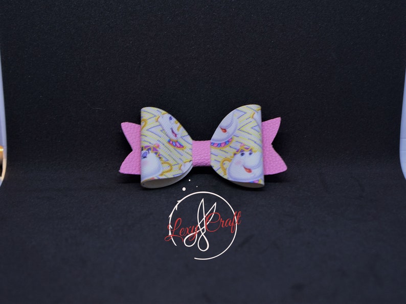 Beauty and the Beast Bow Mrs Potts Bow Print Faux Leather Hair Bow 3 14