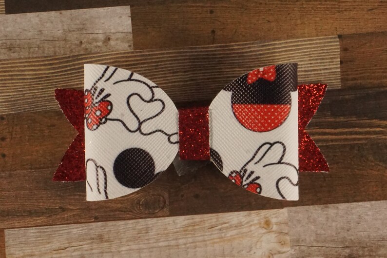 Mickey Love Bow Minnie Mouse Bow Faux Leather Hair Bow Disney Hair Clip Mickey Kissing Minnie 3 14