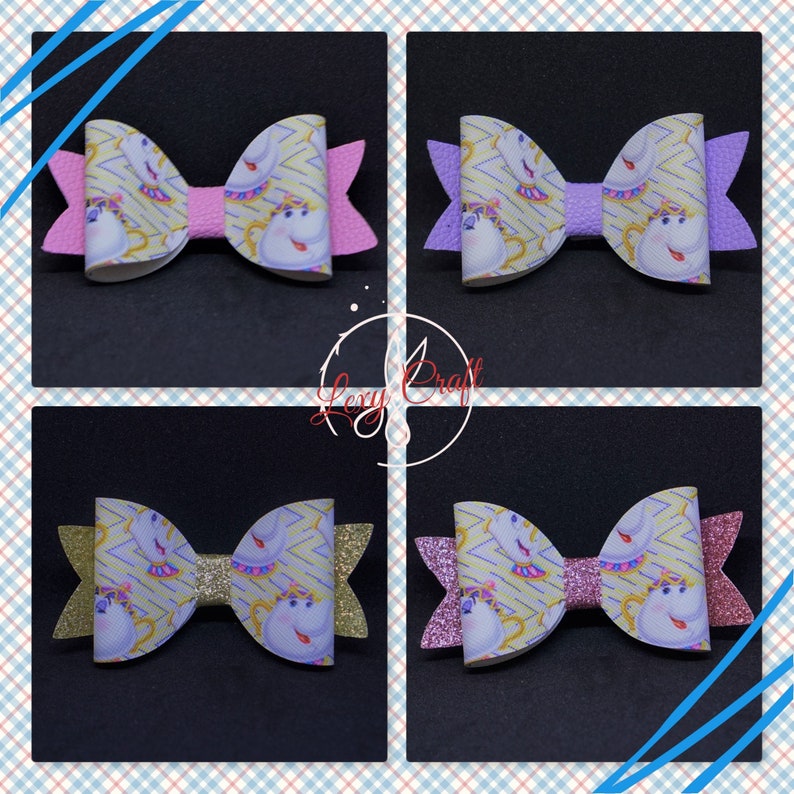 Beauty and the Beast Bow Mrs Potts Bow Print Faux Leather Hair Bow 3 14